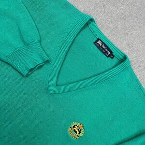 Vintage Burberry Sweater Men's XL Teal‎ Embroidered Crest Knit V-Neck Pullover